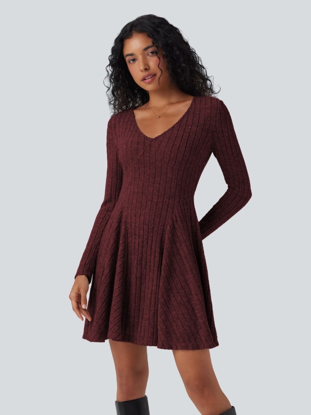 Halara Ribbed Flare Mini Dress Large Long Sleeve V Neck Stretch